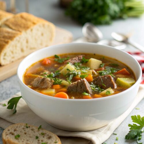 A serving of hearty old fashioned vegetable beef soup with fresh garnish