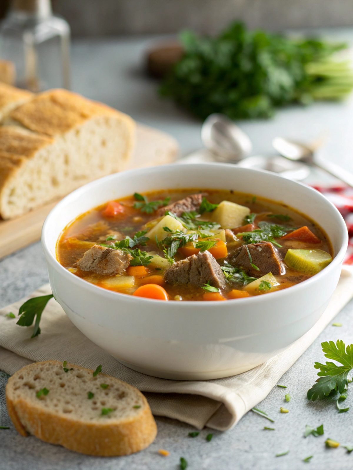 A serving of hearty old fashioned vegetable beef soup with fresh garnish
