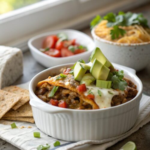 A delicious serving of beef enchilada casserole ready to enjoy