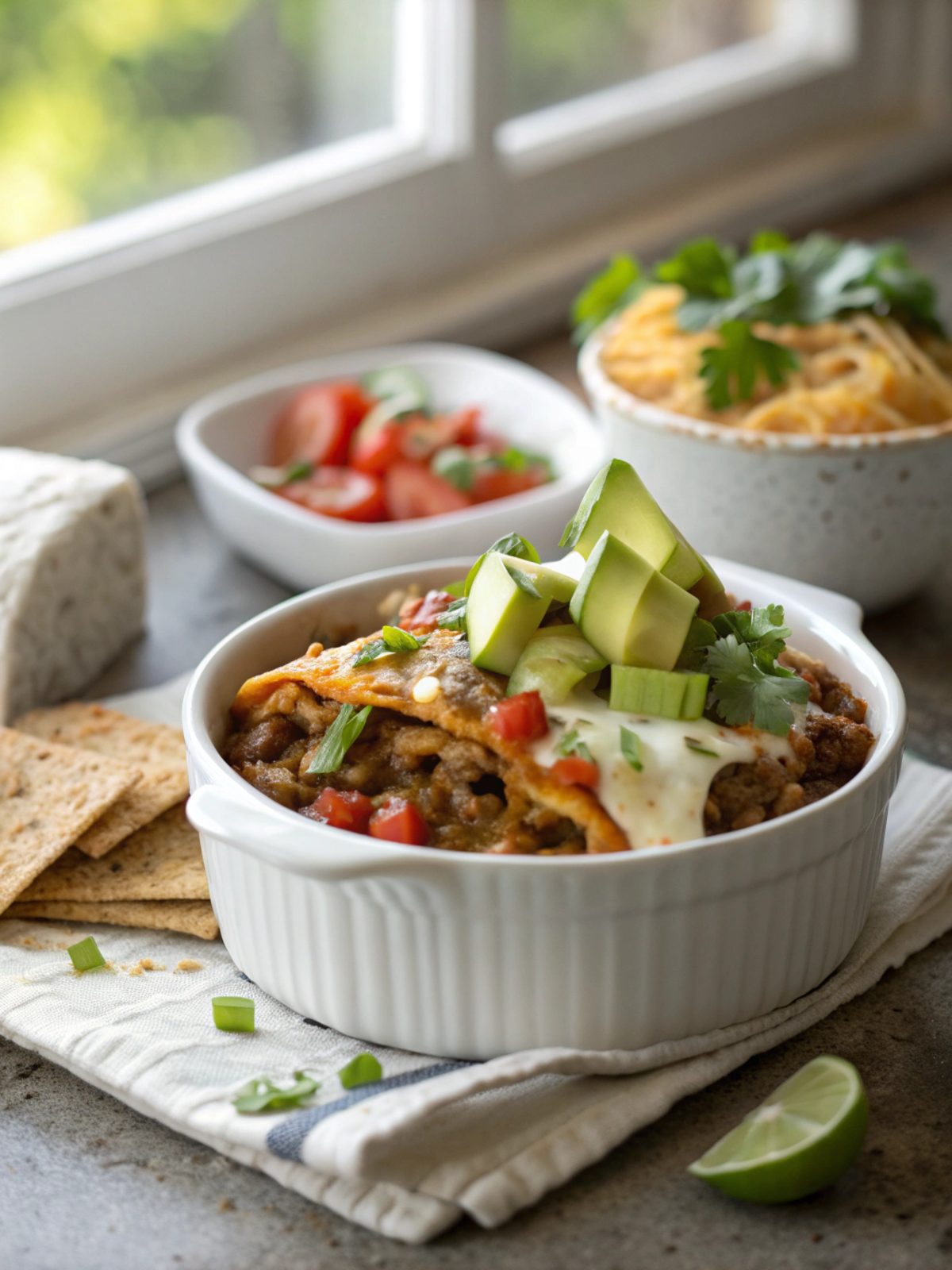 A delicious serving of beef enchilada casserole ready to enjoy