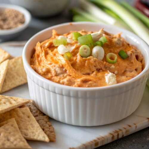 Buffalo chicken dip recipe served in a white bowl with bright, fresh garnish.