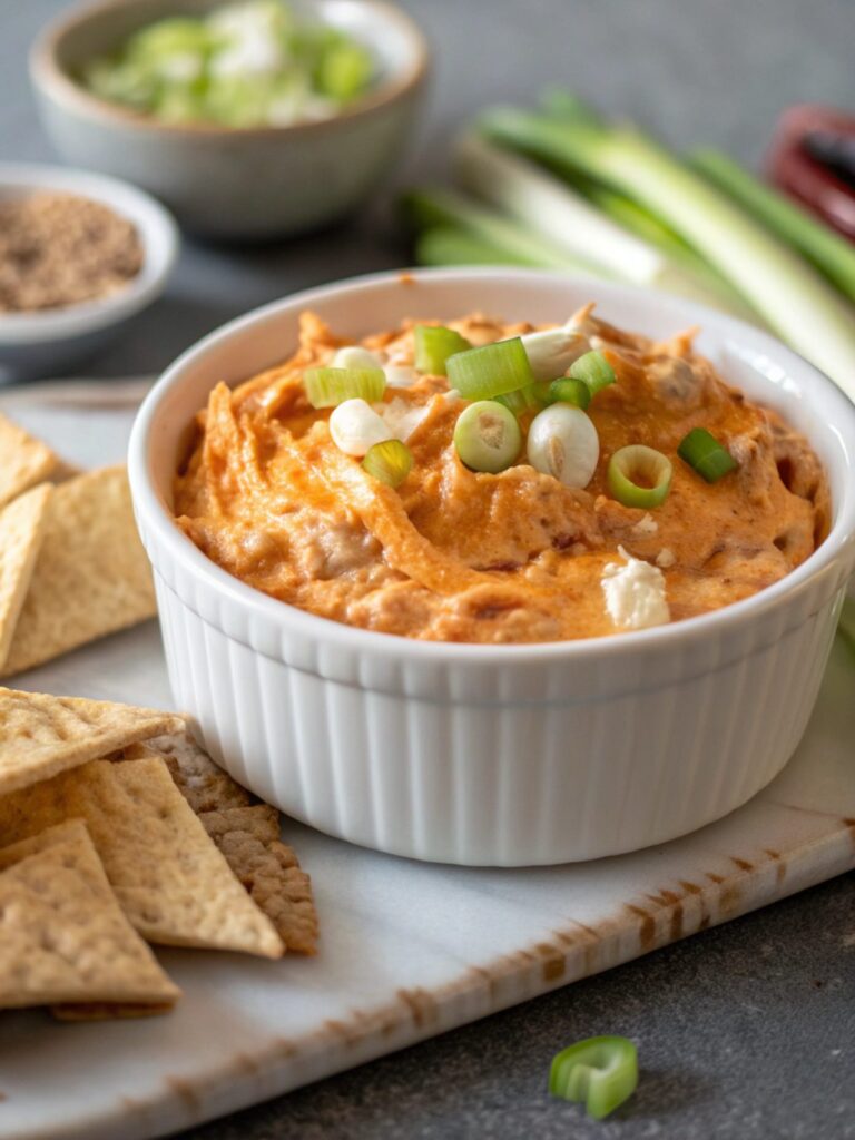 Buffalo chicken dip recipe served in a white bowl with bright, fresh garnish.
