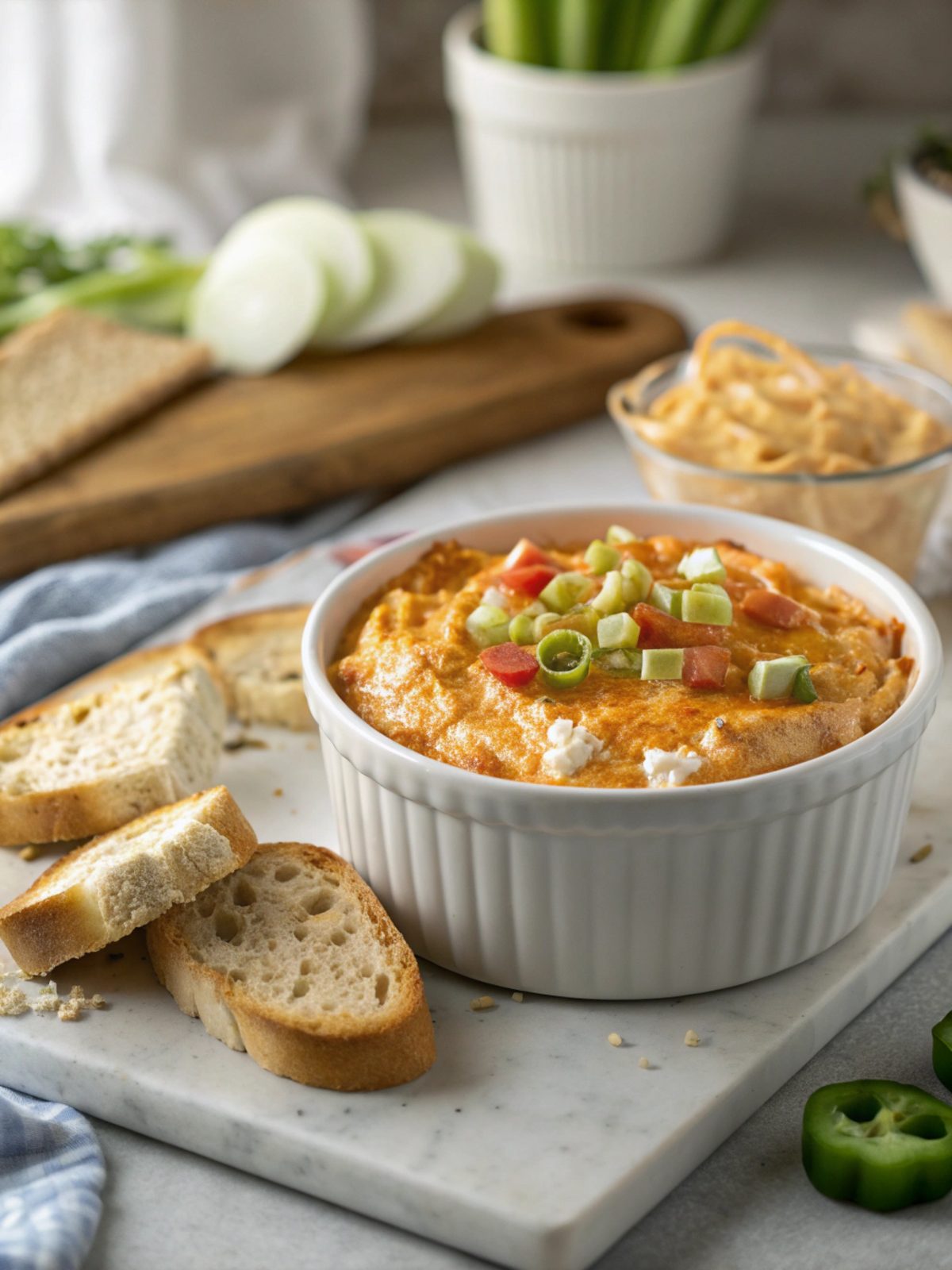 Bowl of savory Buffalo Chicken Dip with dippers