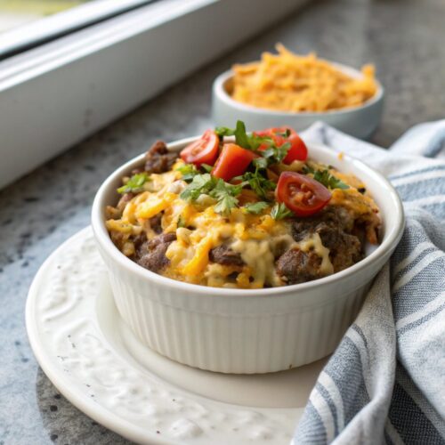 Best cheesy hamburger rice casserole shown with a golden cheese topping.