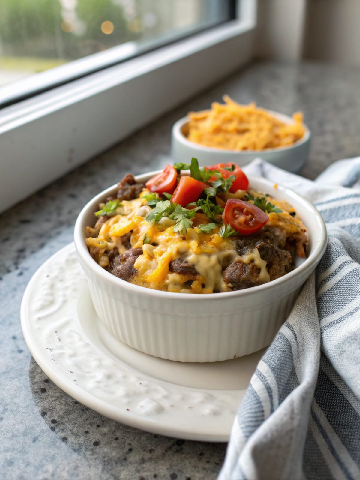 Best cheesy hamburger rice casserole shown with a golden cheese topping.