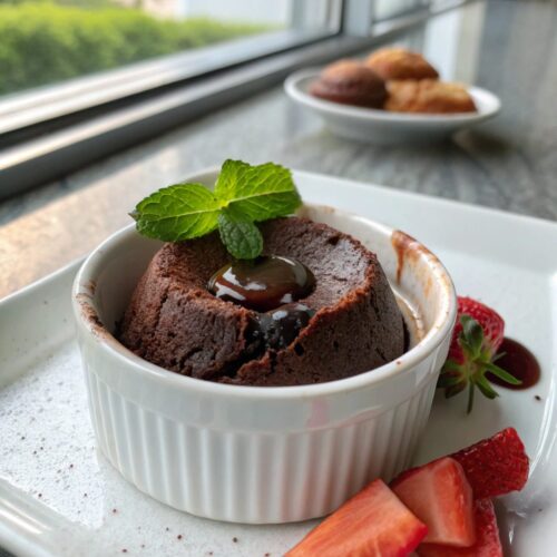 Close-up shot of a freshly baked chocolate lava cake