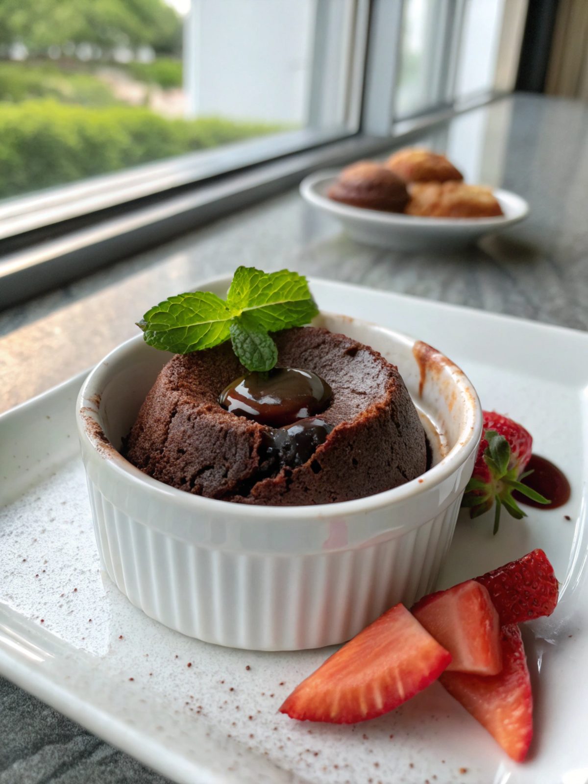 Close-up shot of a freshly baked chocolate lava cake