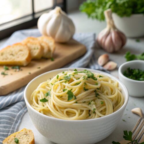 Plate of freshly made creamy garlic butter pasta