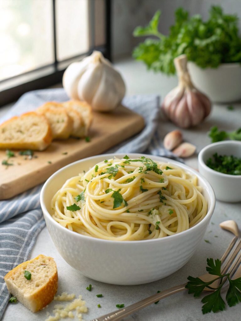 Plate of freshly made creamy garlic butter pasta