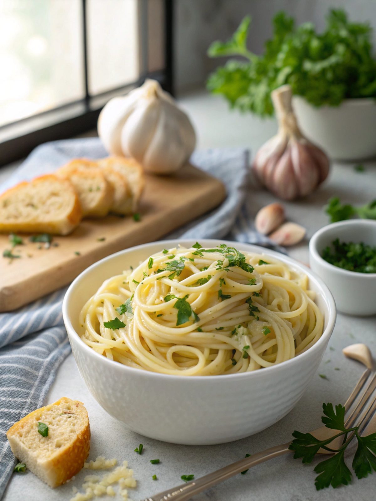 Plate of freshly made creamy garlic butter pasta