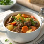 Featured image of a delicious crock pot beef stew recipe served hot