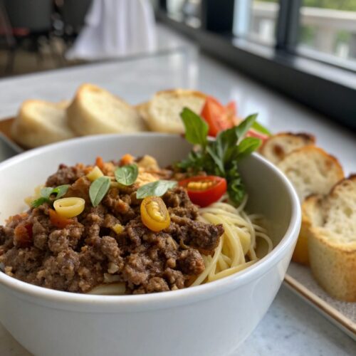 Glistening ground beef meal served in a white ceramic bowl, showcasing vibrant natural colors.