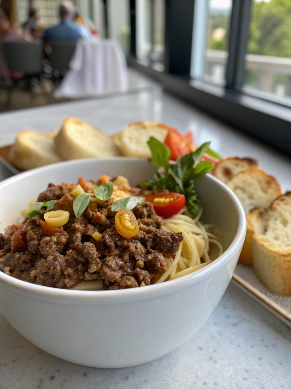 Glistening ground beef meal served in a white ceramic bowl, showcasing vibrant natural colors.