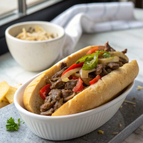 Mouthwatering picture of the ground beef Philly cheesesteak, complete and ready to be savored.