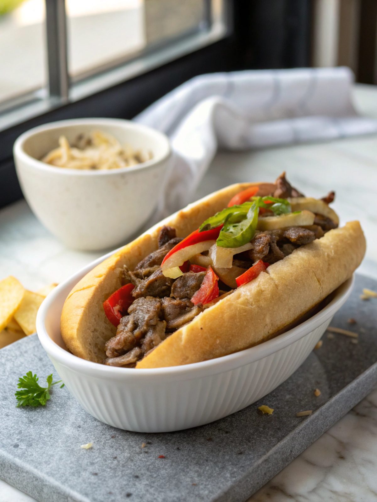Mouthwatering picture of the ground beef Philly cheesesteak, complete and ready to be savored.