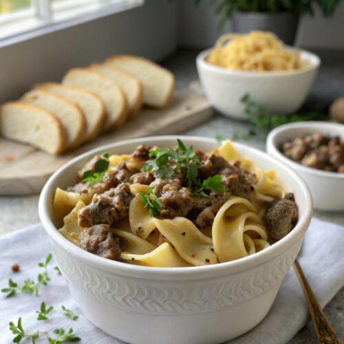 A beautifully plated dish of ground beef stroganoff recipe