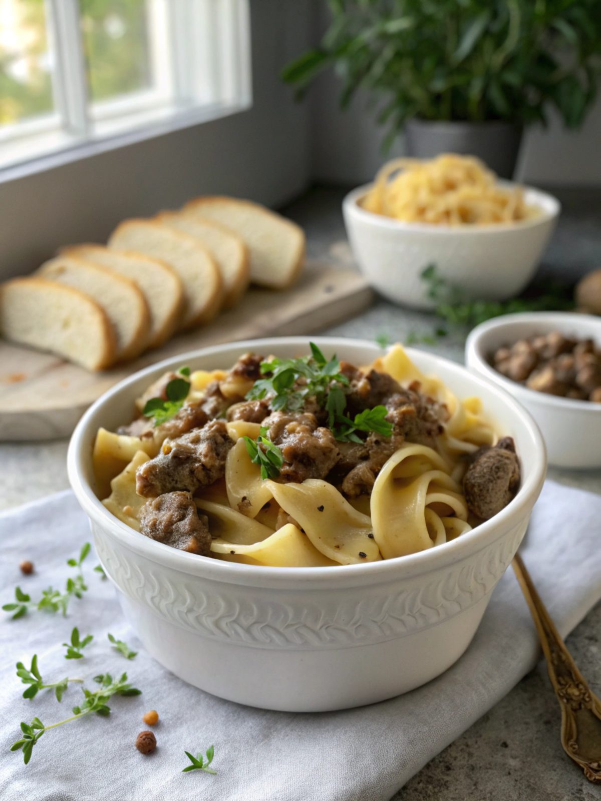 A beautifully plated dish of ground beef stroganoff recipe