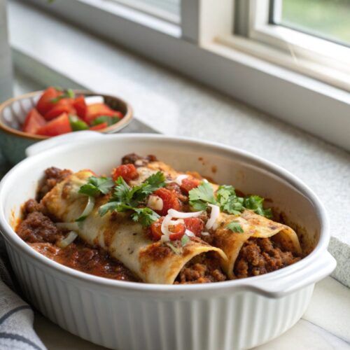 Image of delicious ground beef enchiladas freshly baked