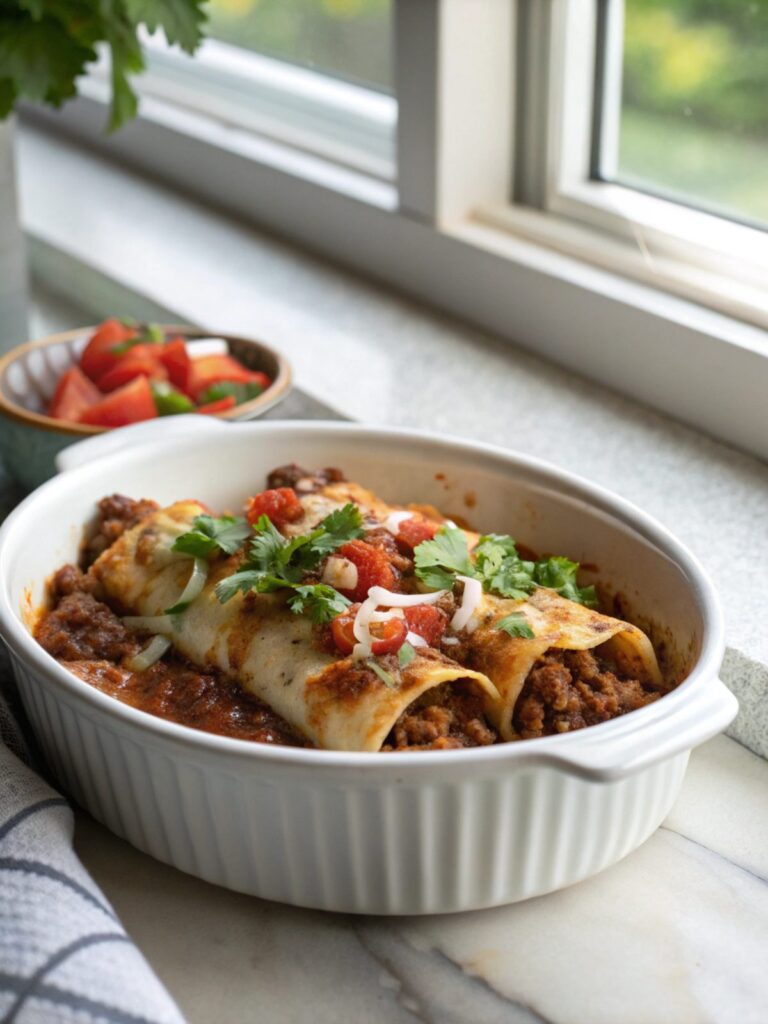 Image of delicious ground beef enchiladas freshly baked