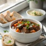 A tantalizing bowl of hearty beef stew with rich colors and textures.