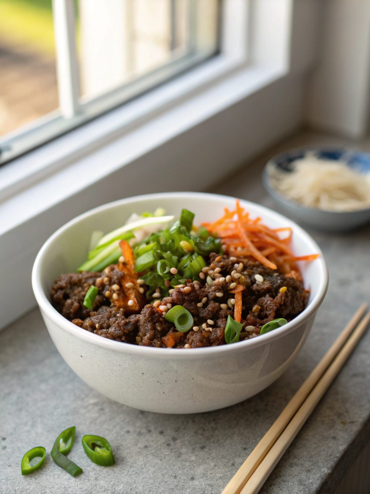 SEO-friendly featured image showing a Korean Ground Beef Bowl