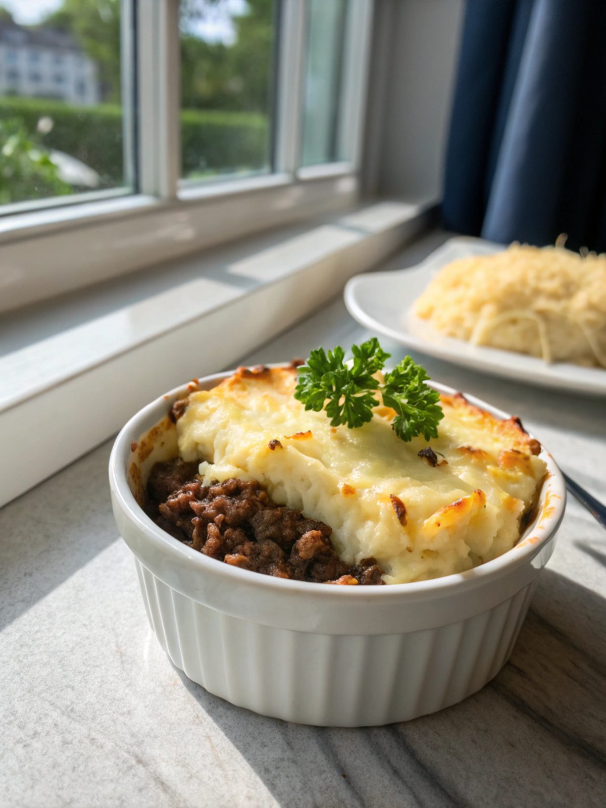 Delicious Shepherd's Pie with Ground Beef served in a dish, ready to enjoy