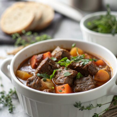 A close-up image of a vibrant slow cooked beef stew in a white ceramic bowl