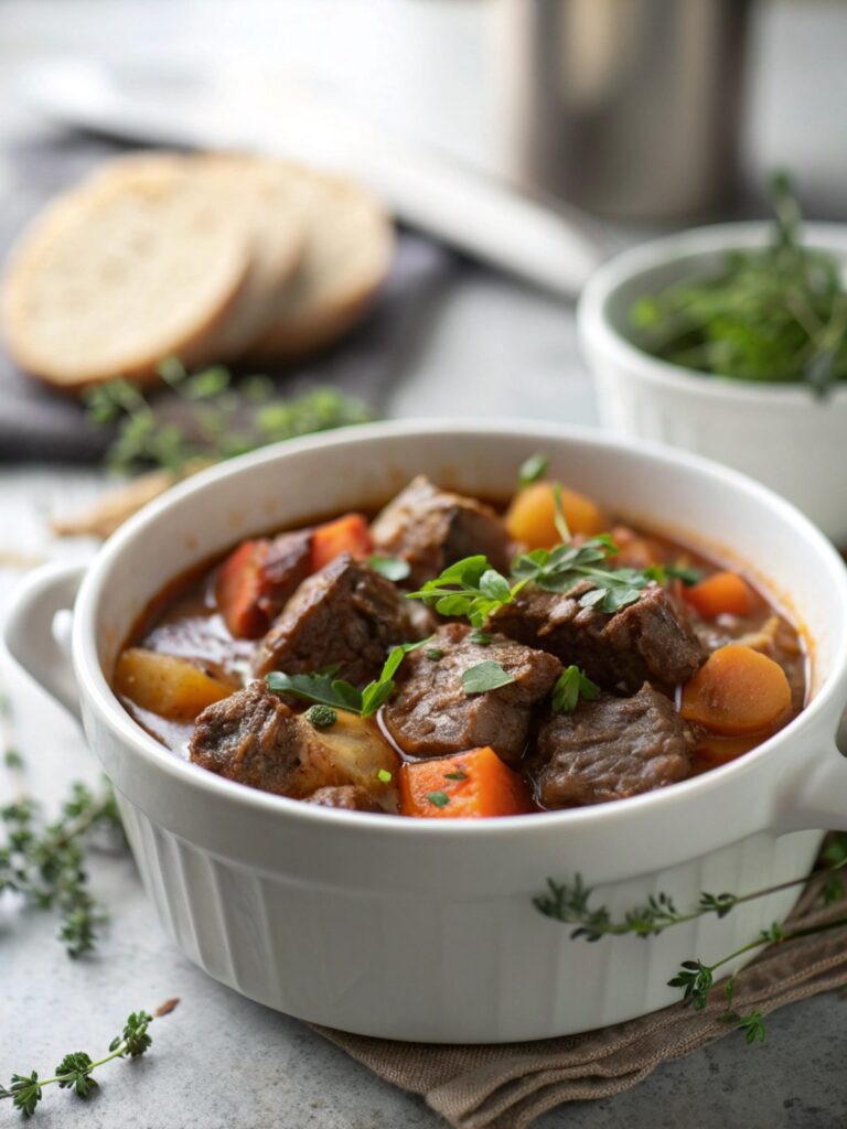 A close-up image of a vibrant slow cooked beef stew in a white ceramic bowl