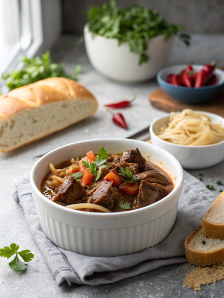 A comforting image of slow cooker beef Manhattan served with mashed potatoes and gravy.