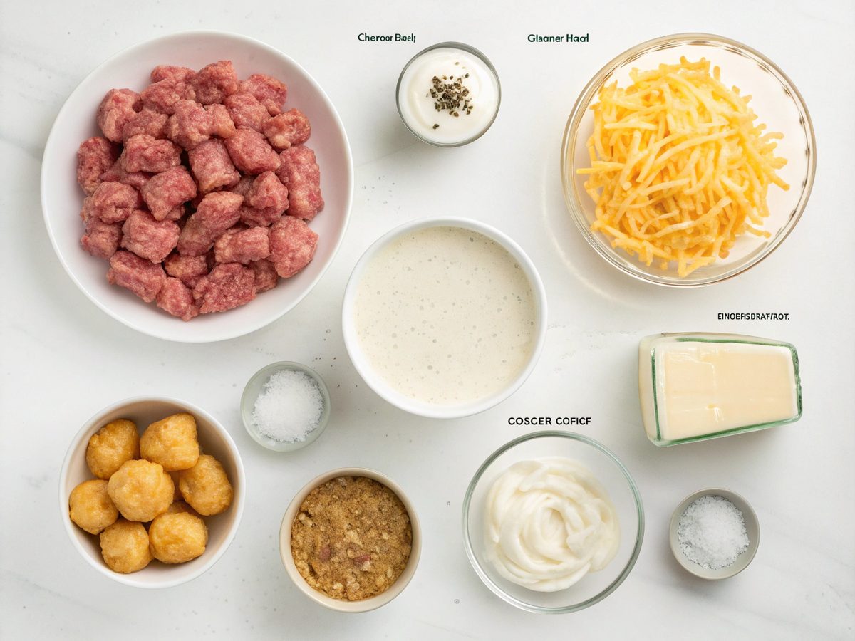 Ingredients for the ultimate tater tot casserole recipe including beef, cheese, tater tots, and more.
