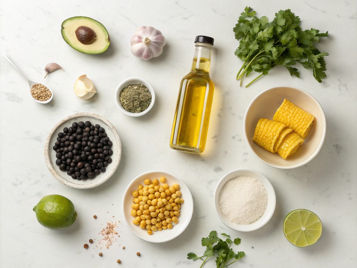 Flat lay of ingredients for vegan black bean tacos, including corn tortillas, black beans, and fresh veggies.