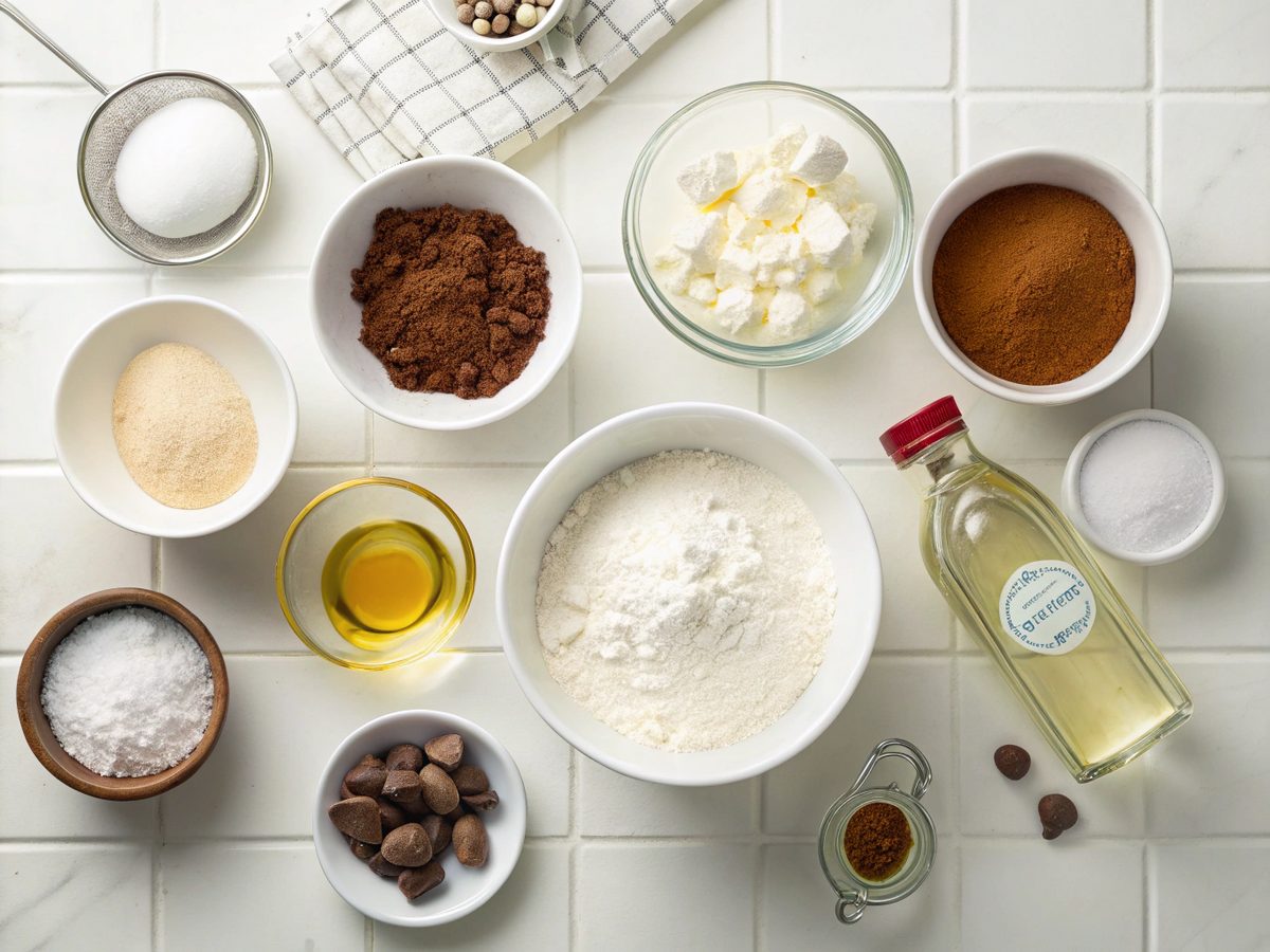Flat lay of ingredients for making vegan chocolate cake.
