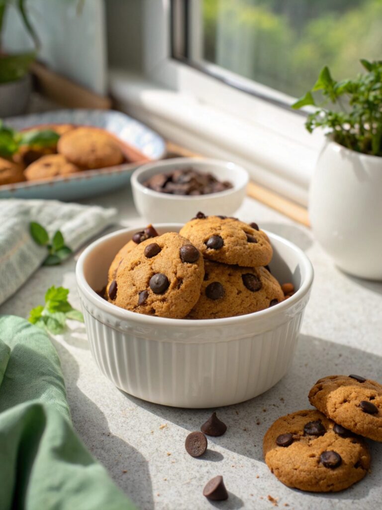 Close-up of vegan chocolate chip cookies served on a white ceramic plate