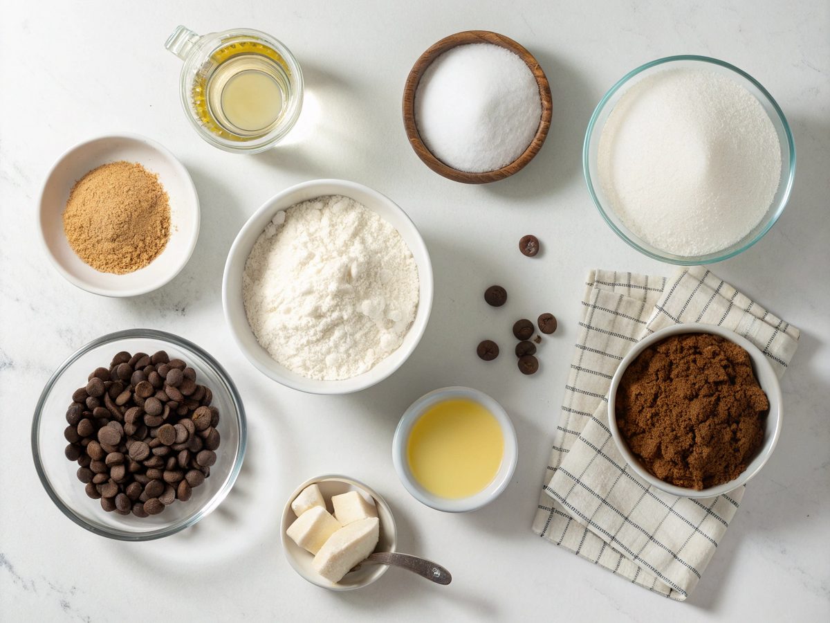 A flat lay of ingredients for making vegan chocolate chip cookies