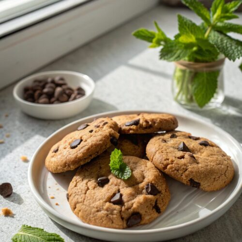 A beautifully styled close-up of vegan chocolate chip cookies in a white bowl