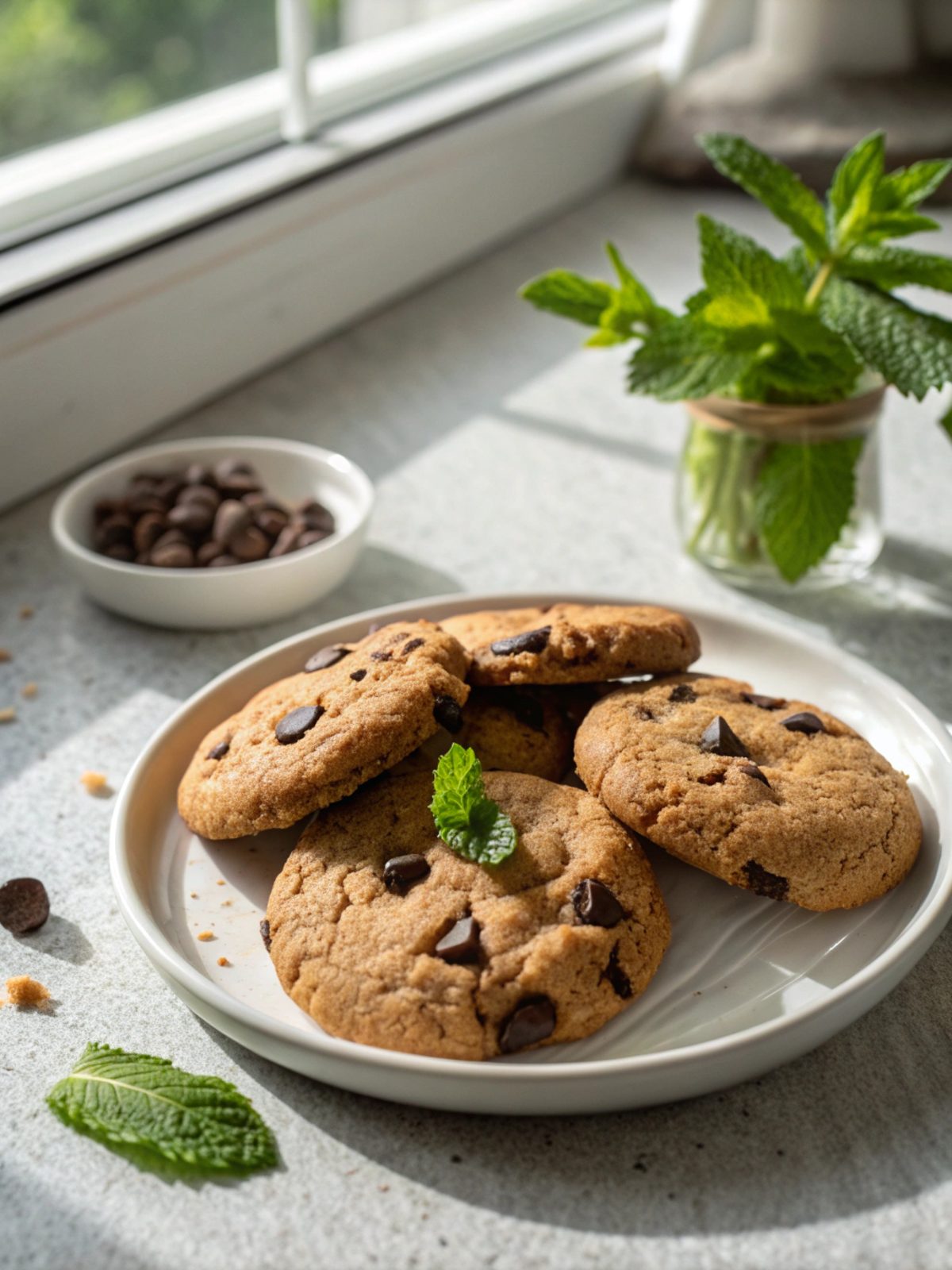 A beautifully styled close-up of vegan chocolate chip cookies in a white bowl