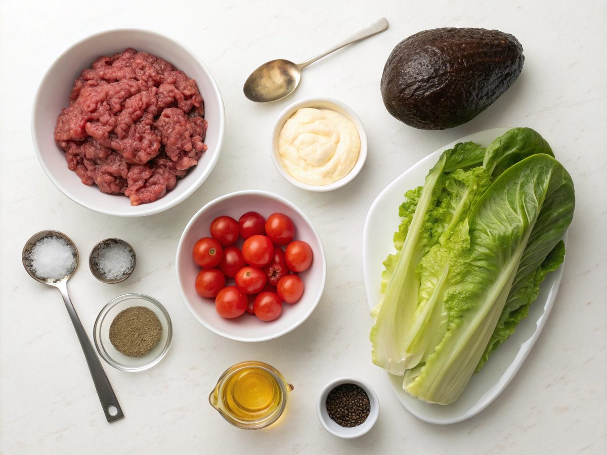 Flat lay of fresh ingredients for a burger bowl recipe