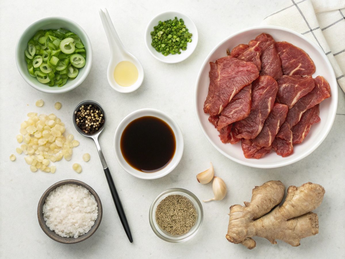 A flat lay of vibrant ingredients used in a Korean sweet beef recipe.