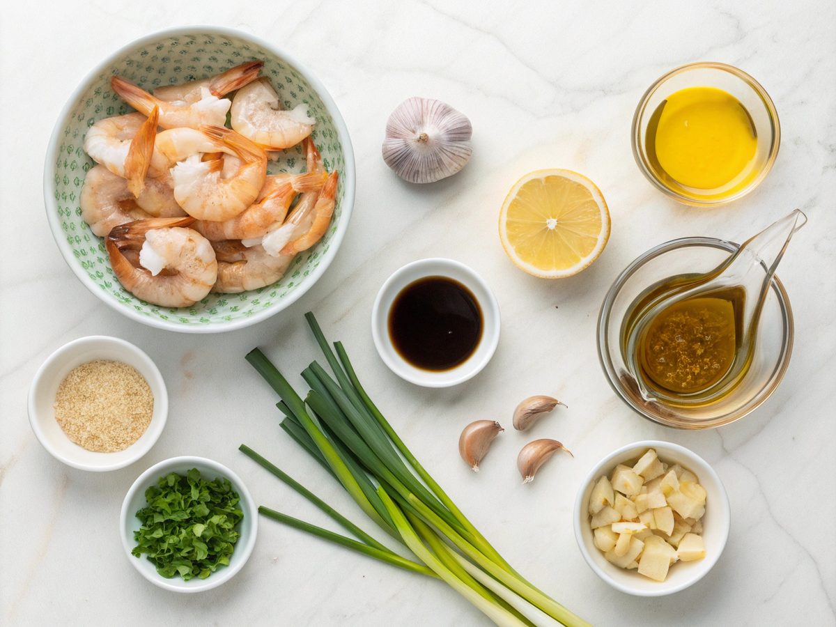 Top view of ingredients for honey garlic shrimp dinner beautifully laid out