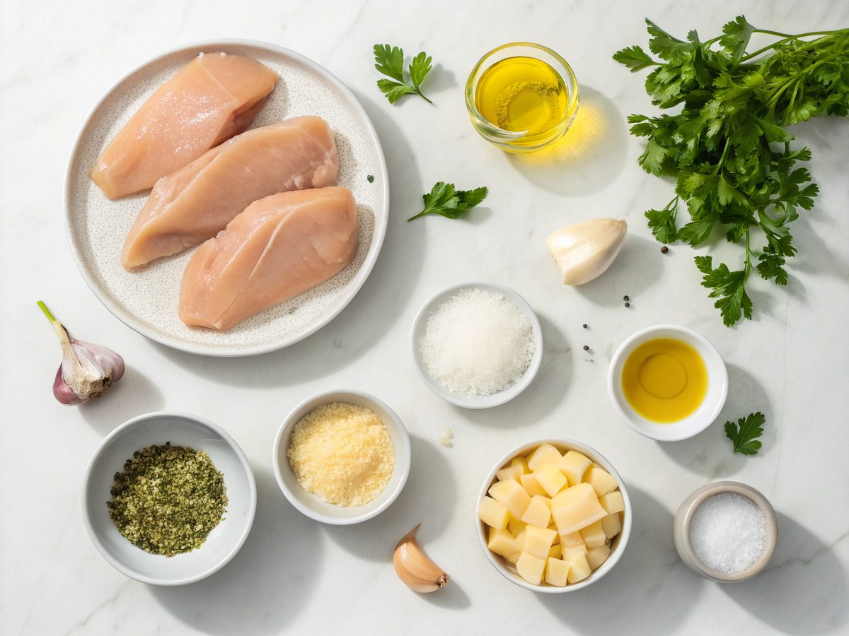 Flat lay of ingredients for creamy garlic chicken recipe