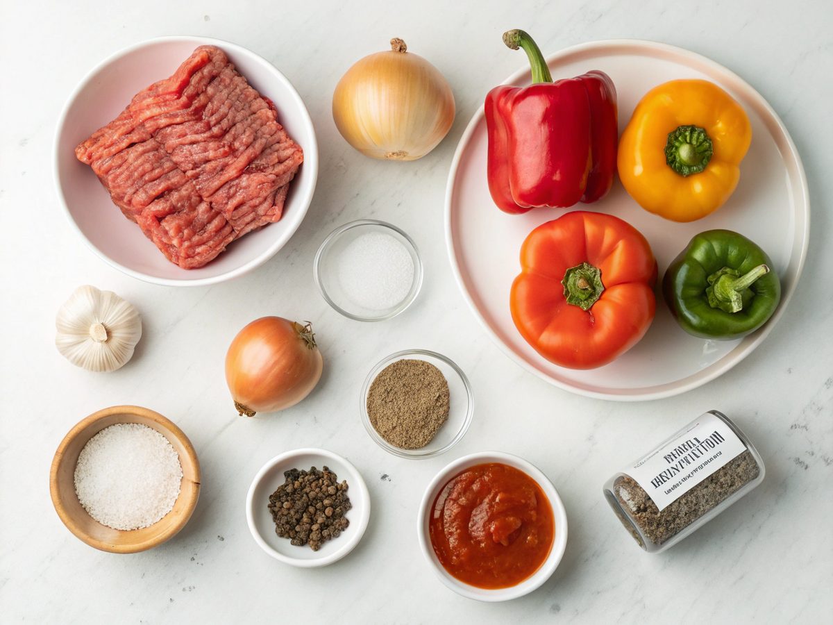 Flat lay of ingredients for ground beef recipes with 1 pound