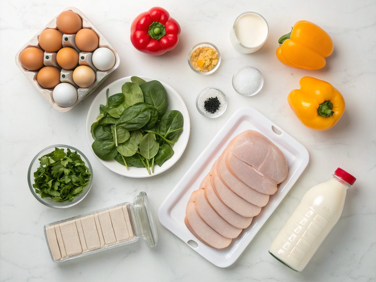 Ingredients for high protein breakfast recipes, featuring eggs, turkey, spinach, and bell peppers.