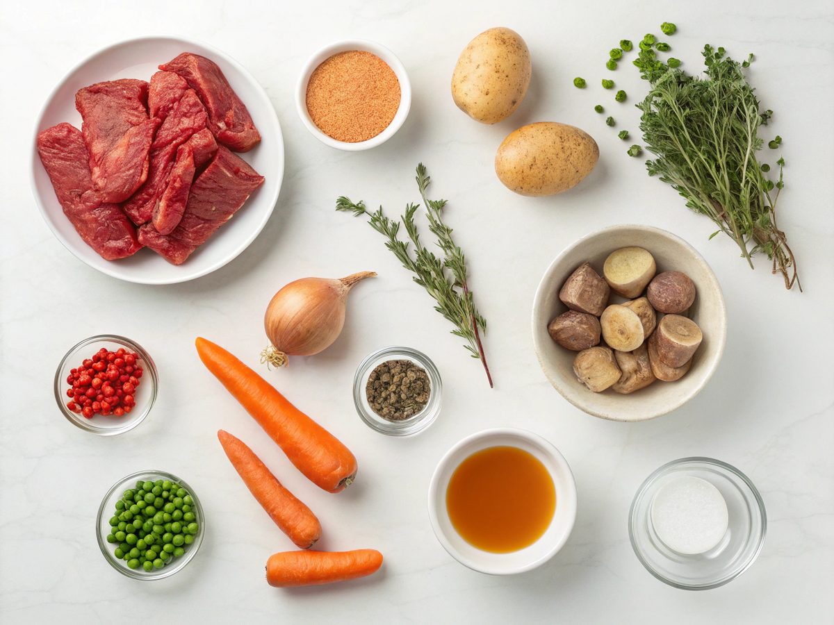A display of slow cooker beef stew ingredients laid out on a countertop.