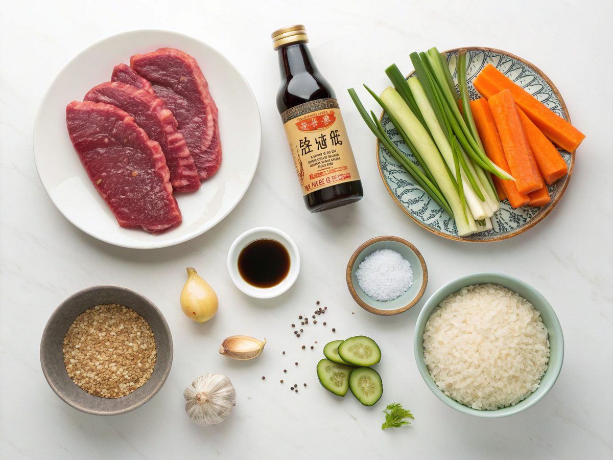 Illustration of Beef Bulgogi Bowls ingredients, showing soy sauce, sesame oil, and more.