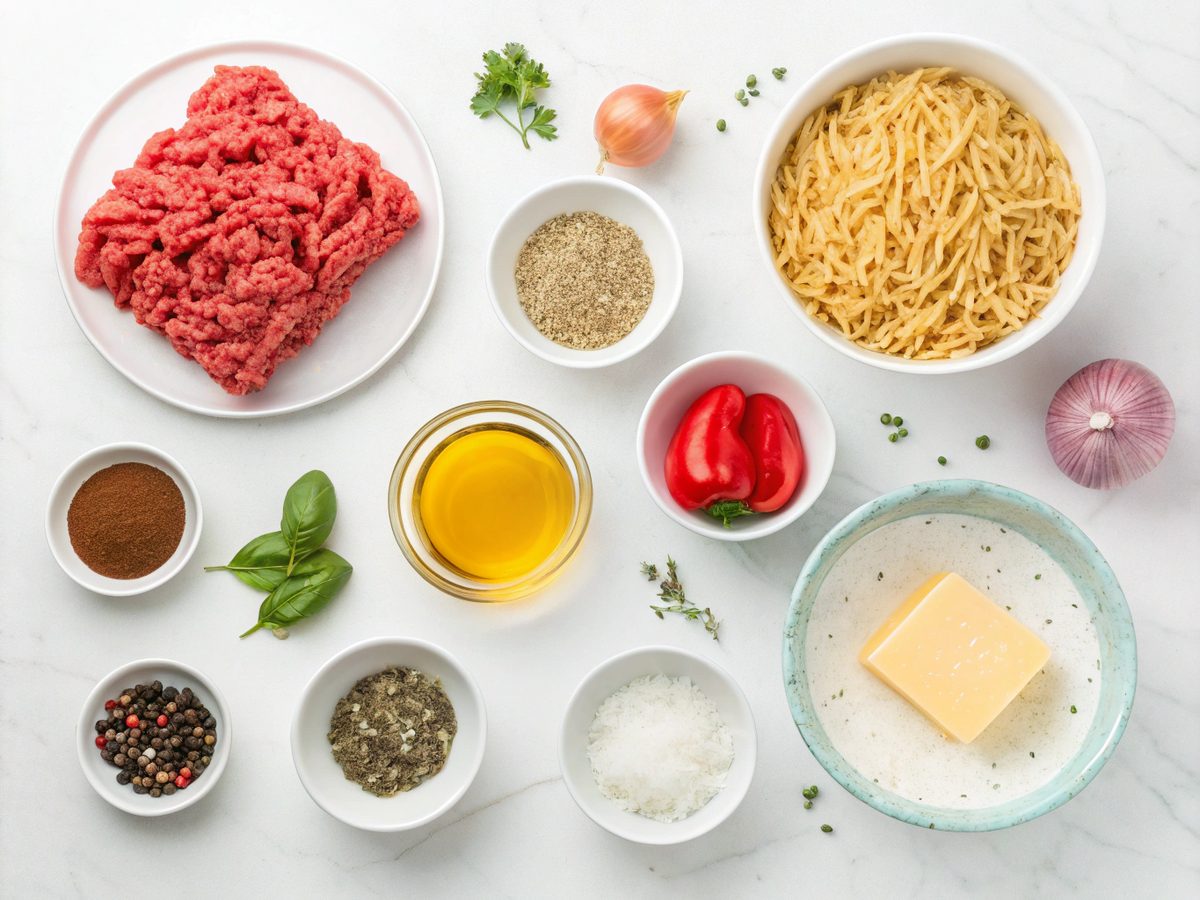 Illustration showing all ingredients for the Ground Beef Orzo Recipe.