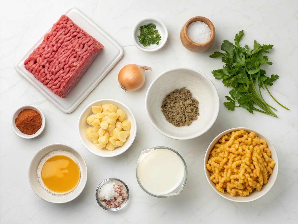 All ingredients for homemade hamburger helper displayed on a kitchen counter.