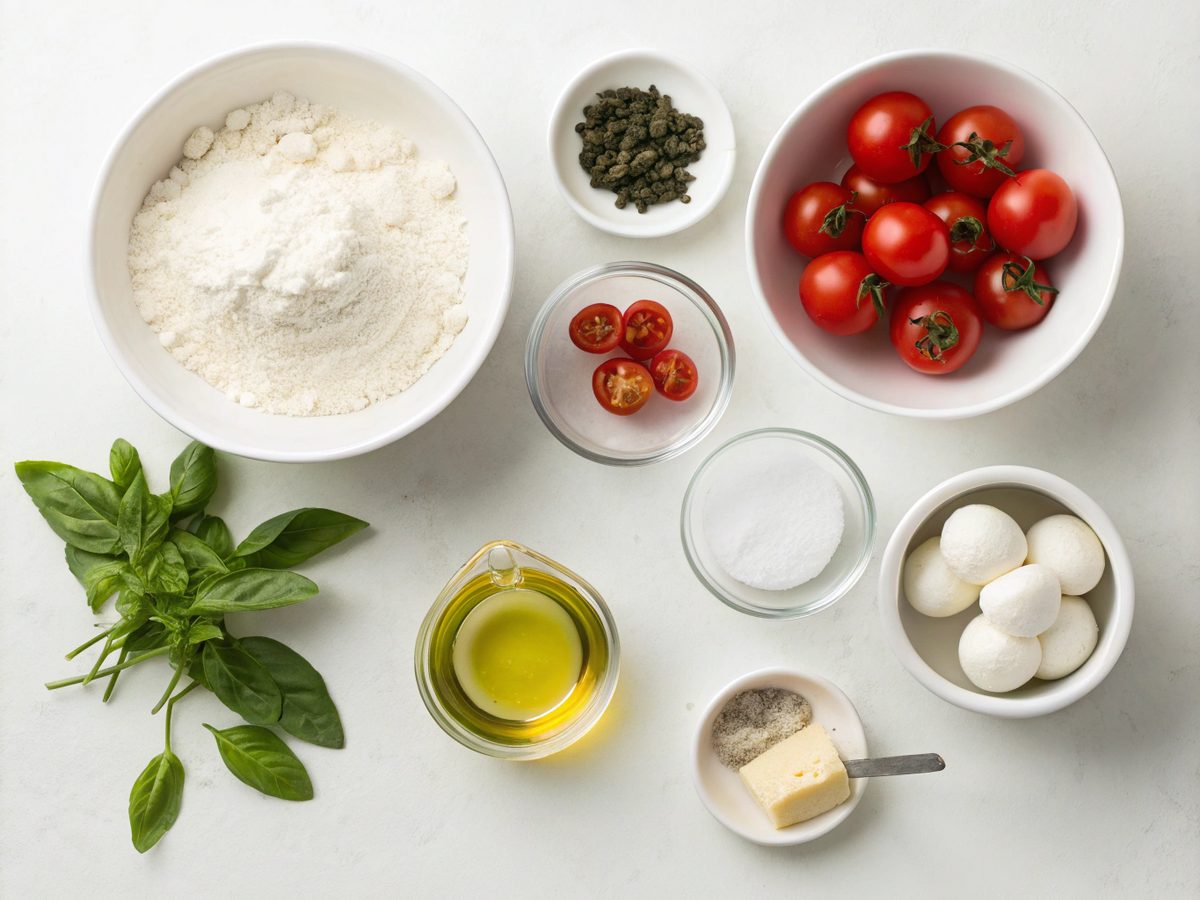 An SEO-friendly alt tag describing image of homemade margherita pizza ingredients.