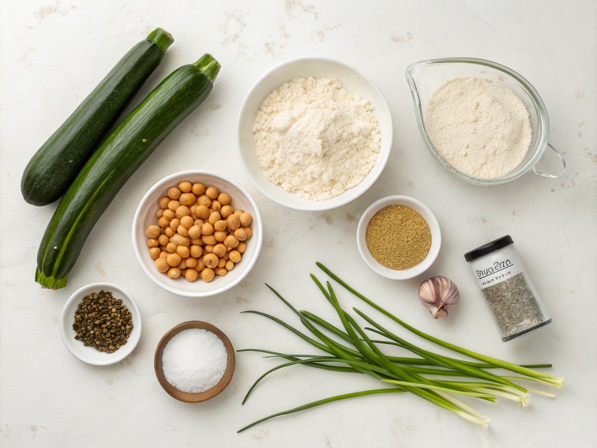 Ingredients used in making vegan zucchini fritters, ensuring a crispy delight.