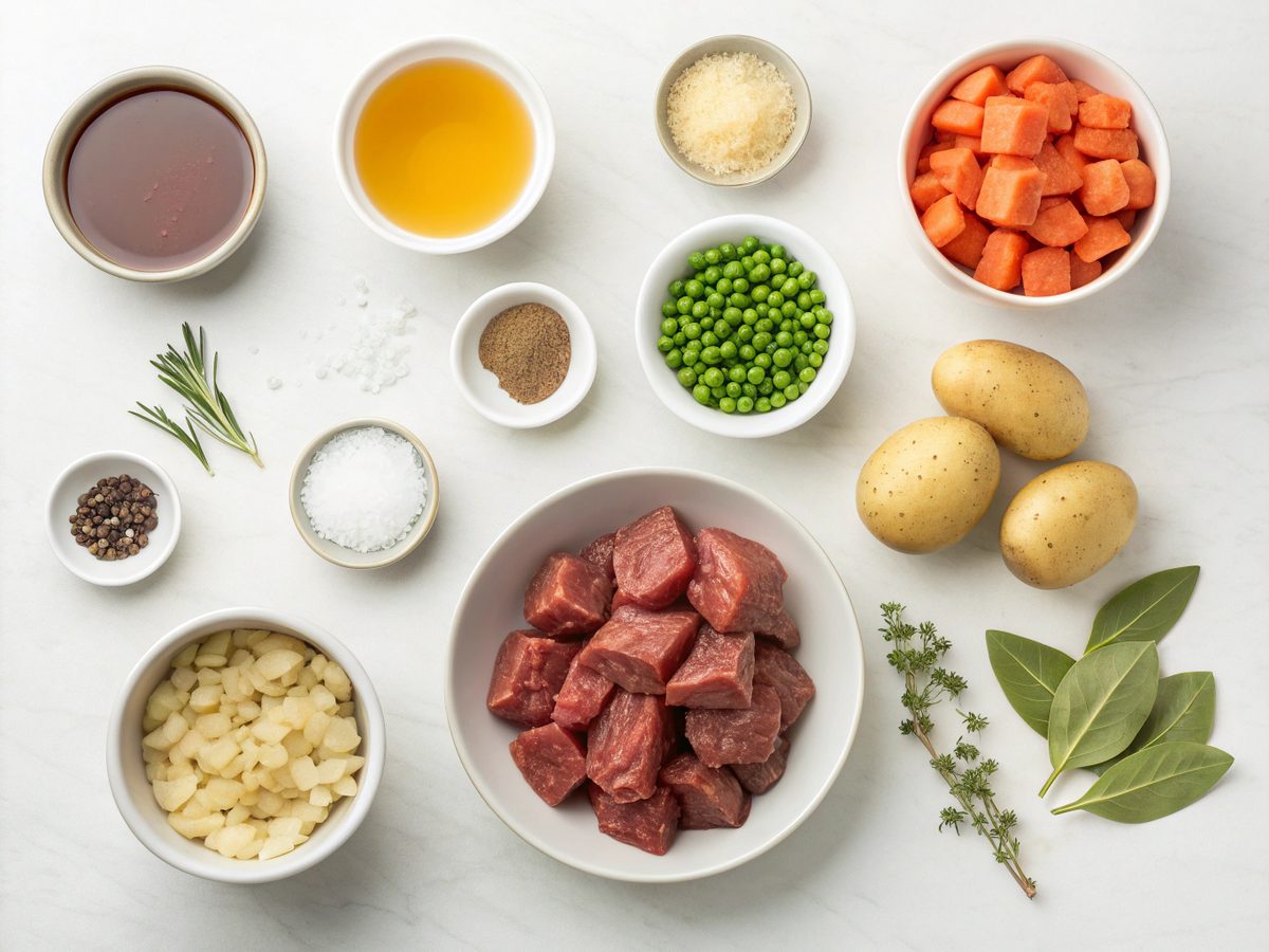 Top-down view of old-fashioned beef stew ingredients laid out neatly