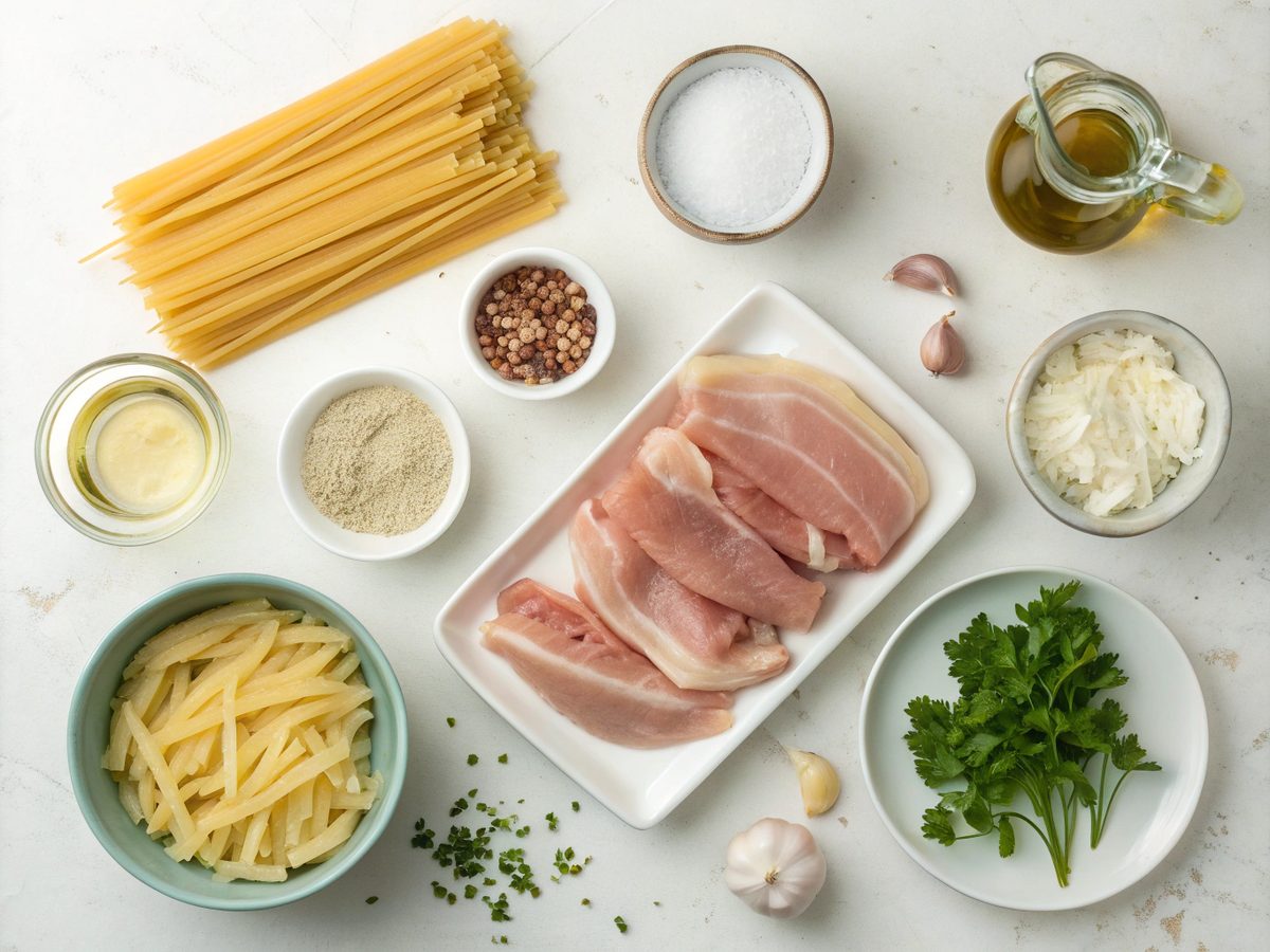 Flat lay visual of ingredients for Chicken Bacon Ranch Pasta